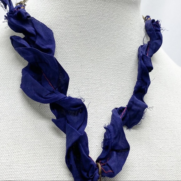 Custom Blue Jasper Stone Silk Ruffle Ribbon Necklace Handcrafted NEW - Picture 5 of 7